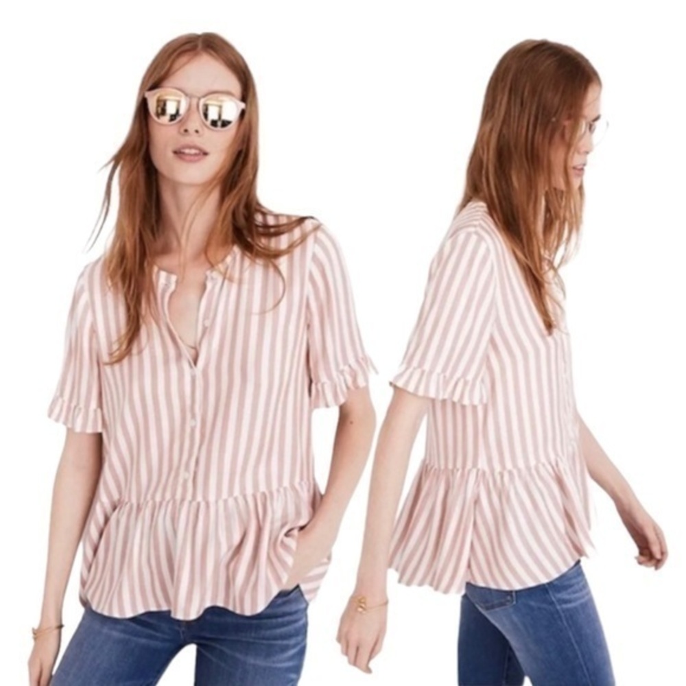 Madewell Red and White Stripes Studio Ruffle-Hem Top XS